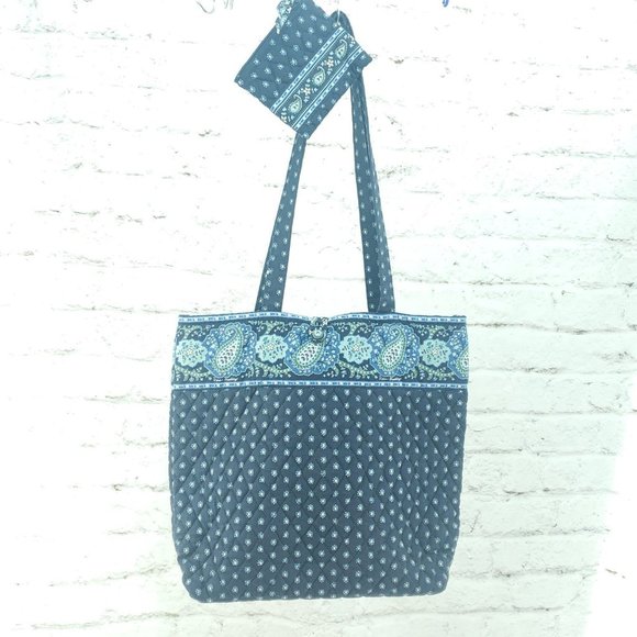 Vera Bradley Womens Navy Blue Floral Shoulder Strap Tote Bag And Zipper Pouch - Picture 1 of 15